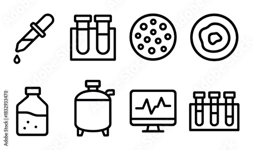 Biotechnology icons: lab equipment, test tubes, cells, analytical tools for science and research