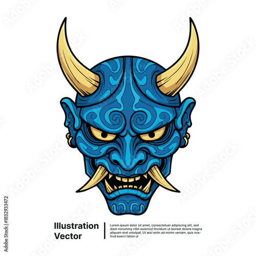 Japanese Oni Mask Vector Illustration for Tattoo or Traditional Art Design