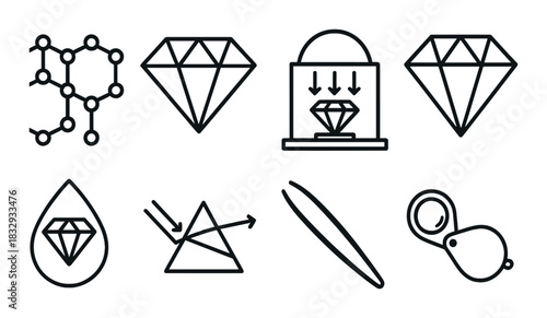 Diamond processing: cutting, measuring, and clarity identification icons