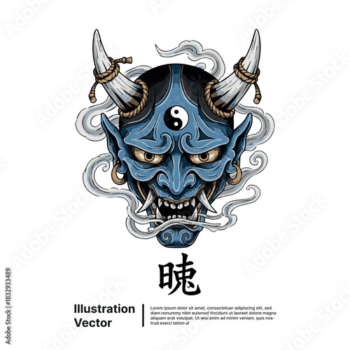 Intricate Blue Demonic Spirit Mask Illustrating Ancient Japanese Folklore and Traditional Mythology Artwork