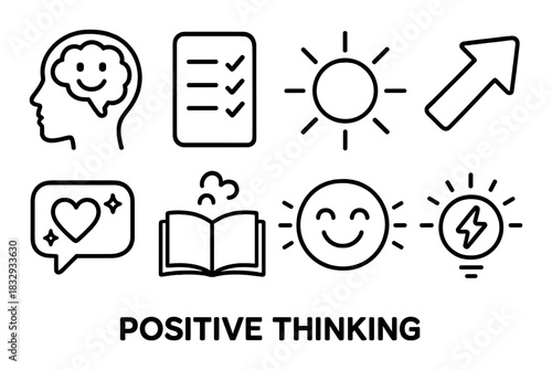 Positive thinking icons: brain, checklist, sun, arrow, heart, book, smiley, lightbulb