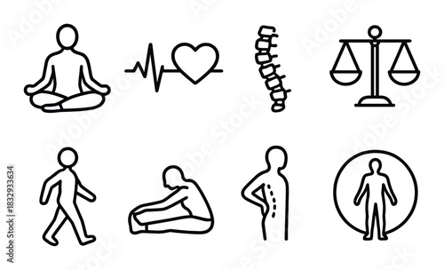 Health symbols: yoga, heartbeat, spine, justice, exercise, stretching, back pain, holistic wellness