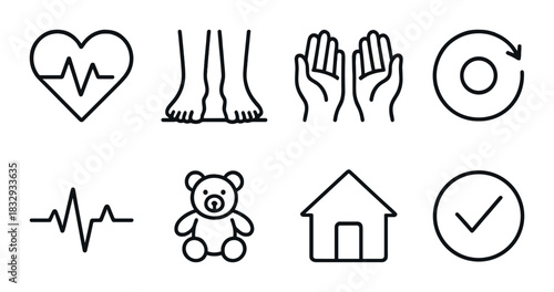 Outline icons: heartbeat, feet, hands, refresh, pulse, teddy bear, house, checkmark