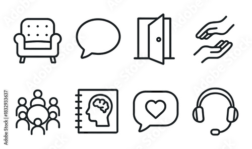 Minimalist icons of furniture, communication, entry, assistance, community, learning, love, and support