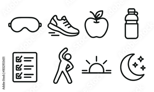 Healthy habits icons set including exercise sleep nutrition and hydration