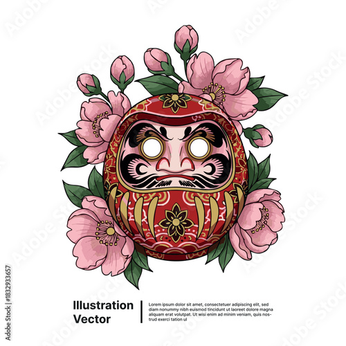 Daruma Doll Surrounded by Cherry Blossoms A Colorful Illustration of Japanese Tradition