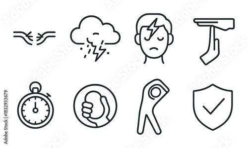 Weather symbols and human icons in dark monochrome design