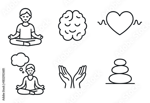 Mindfulness meditation icons: brain, heart, thought, hands, balance