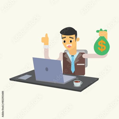Wealthy businessman holding a bag of money and giving a thumbs up. Concept of successful investment and high profit