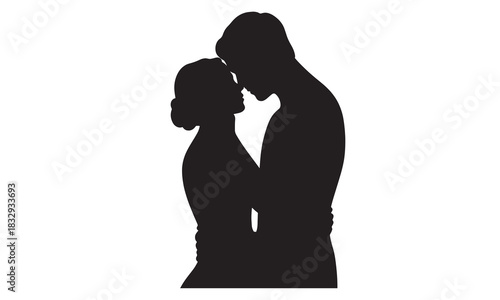 Romantic couple embracing tenderly in a striking black silhouette against a white background silhouette