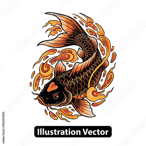 Vibrant Japanese Koi fish illustration with swirling orange accents, symbolizing prosperity and good fortune