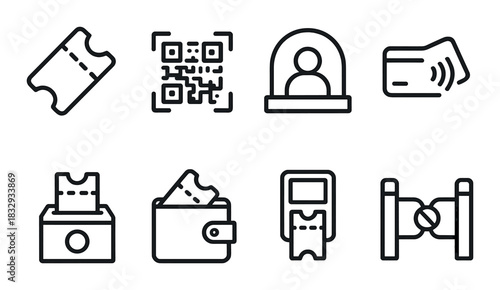 Set of ticket icons: qr code, wallet, contactless payment