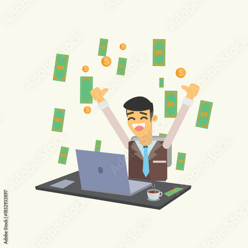 Successful businessman celebrating under a rain of money and gold coins. Concept of jackpot, huge profit, and financial abundance
