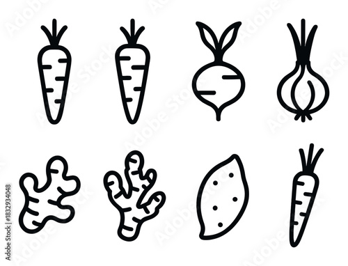 Vegetable icons set: carrot, turnip, onion, ginger, sweet potato illustrations