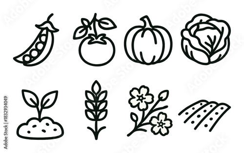 Outlined icons of vegetables and plants on olive green background