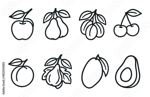 Outline drawings of various fruits on dark background
