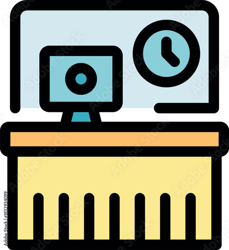 Workstation setup features computer, clock, and organized desk, symbolizing efficient workflow and time management in a contemporary office environment