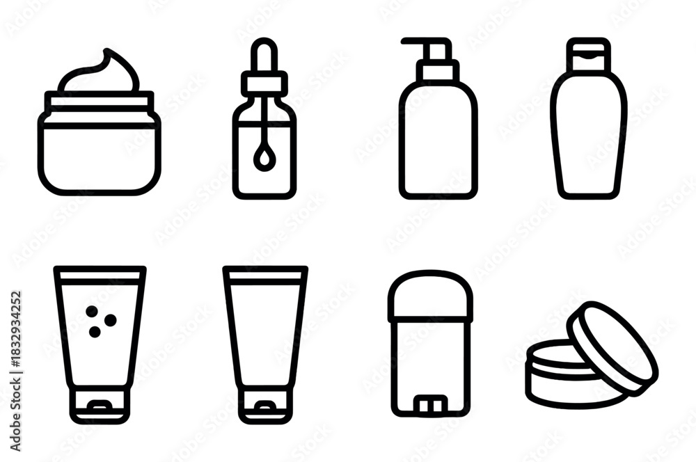 Fototapeta premium Minimalist skincare product icons: bottles, jars, tubes, dispenser, cream