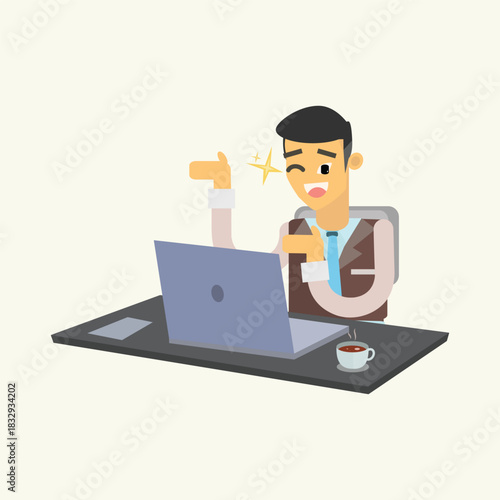 Confident businessman winking and smiling at his desk. Concept of professional success, satisfaction, and great customer service