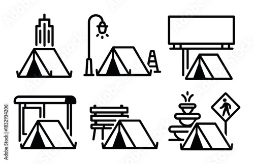 Urban camping icons set featuring tents in city environments