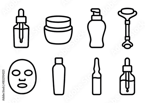 Collection of stylish skincare product icons on dark background