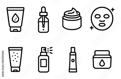 Minimalist skincare icon set featuring creams, serums, masks, and sprays