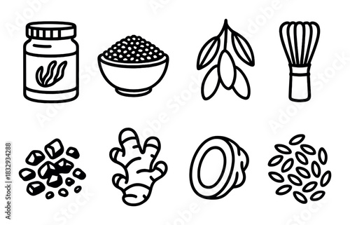 Black line icons of superfoods and ingredients: jar, bowl, soybeans, whisk, tea, ginger, coconut, seeds