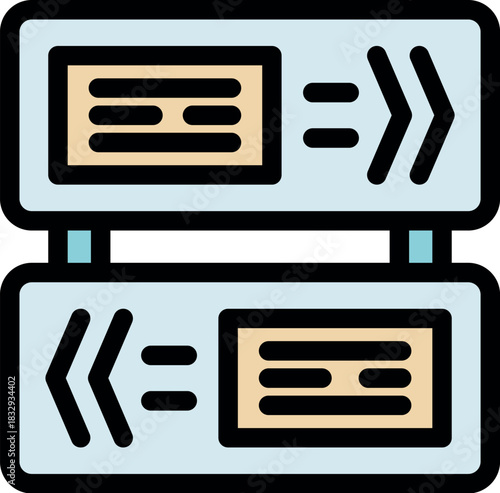 Server units exchanging data packets, represented by arrows and text blocks, symbolizing data flow and network communication