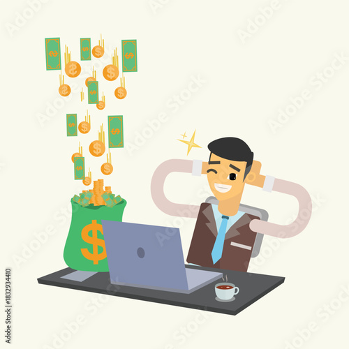 Relaxed businessman watching money rain fall into a green bag on his desk. Concept of passive income and financial success