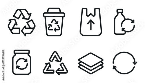 Recycling symbols: recycle bin, reusable bag, and bottle icons