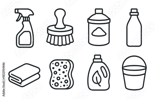 Monochrome icons of cleaning supplies on dark background
