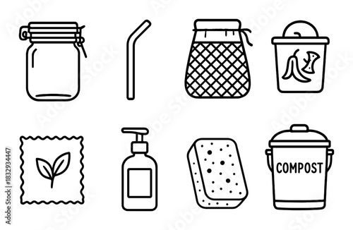 Outline icons of reusable containers, compost bin, and sustainable products