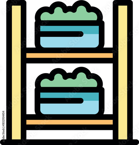 Hydroponic system cultivating plants in nutrient rich water without soil on wooden shelves