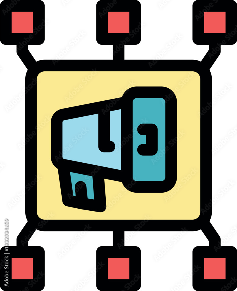 Fototapeta premium Viral marketing campaign spreading through network nodes, represented by a megaphone icon within interconnected squares, symbolizing widespread reach and influence