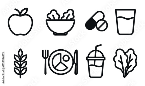 Silhouette icons of healthy eating: apple, salad, pills, water, wheat, plate, smoothie, leafy greens