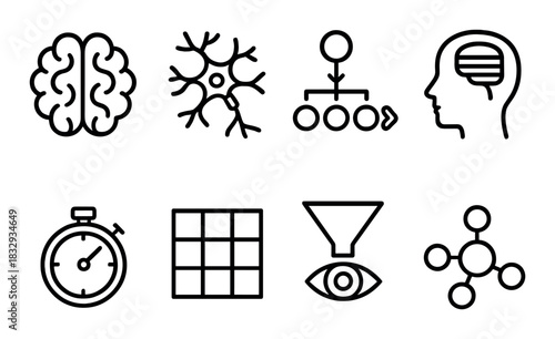 Brain, neural network, and cognitive icons on dark background