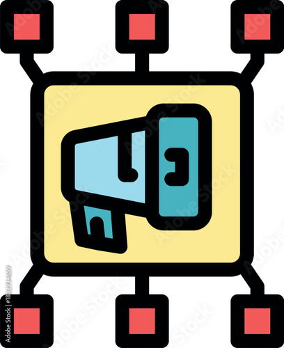 Viral marketing campaign spreading through network nodes, represented by a megaphone icon within interconnected squares, symbolizing widespread reach and influence