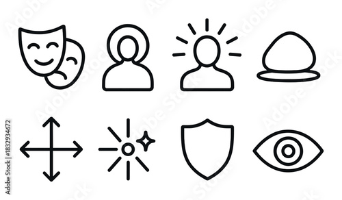 Minimalist black icon set featuring theater, person, and eye symbols