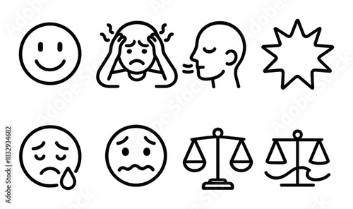 Set of eight black emoji icons: emotions and justice scales