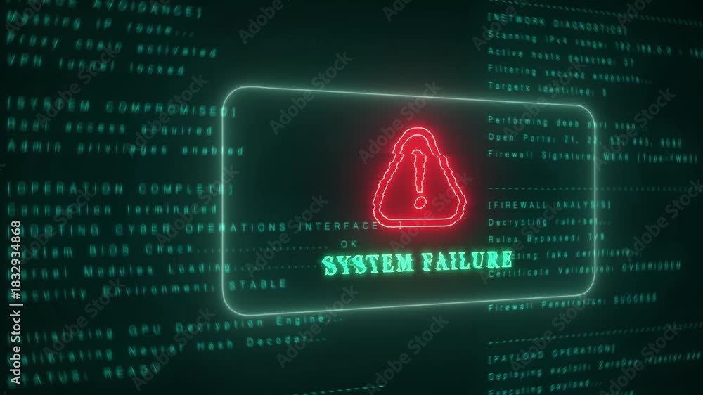 System Failure Warning on Digital Screen with Exclamation Mark and Code ...