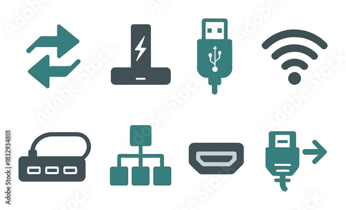 Tech icons: usb, wifi, hdmi, connectivity symbols on dark background