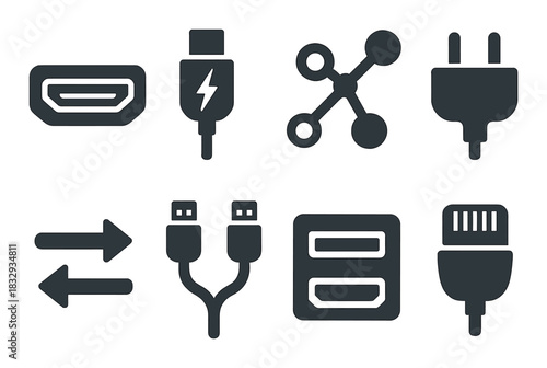 Dark icon set: technology symbols including hdmi, usb, ethernet, plug, network, and arrows