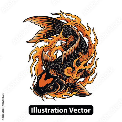 Mythical Japanese Koi fish with vibrant orange flames, a powerful tattoo style illustration