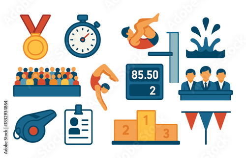 Diving competition icons: stopwatch, medal, scoreboard, swimmer, podium