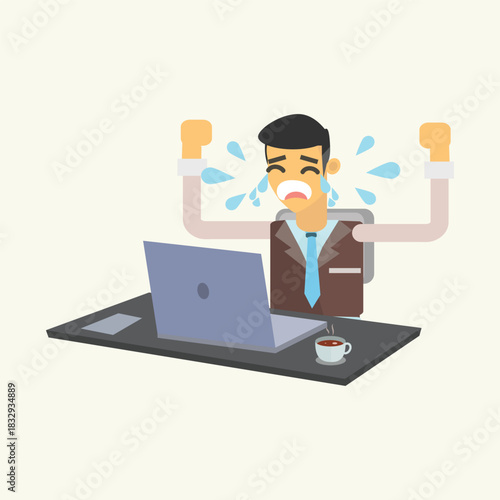 A businessman sitting at his desk crying loudly with arms raised, overwhelmed by work or financial bad news