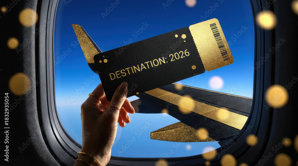 Obraz premium New Year 2026 travel concept. Hand holding luxury boarding pass with text Destination 2026 against airplane window with golden wing and festive bokeh lights. Holiday trip planning. 
