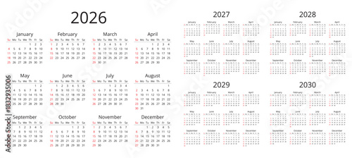 2026, 2027, 2028, 2029, 2030 years english calendars. Simple vector illustration