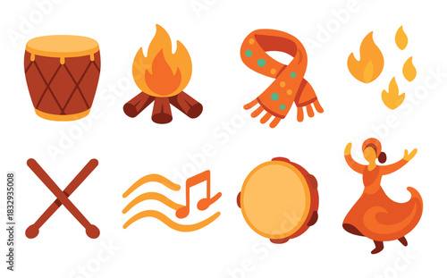 Folk dance celebration with drums, fire, and traditional costume icons