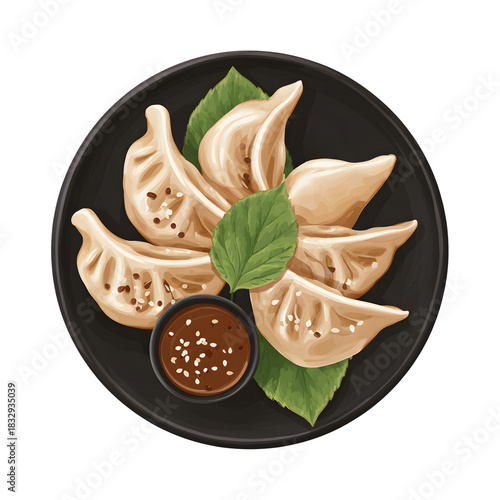 Dumplings with dipping sauce isolated on transparent background