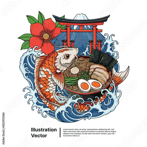 Japanese culinary art featuring a ramen bowl with a koi fish, waves, and a mountain landscape